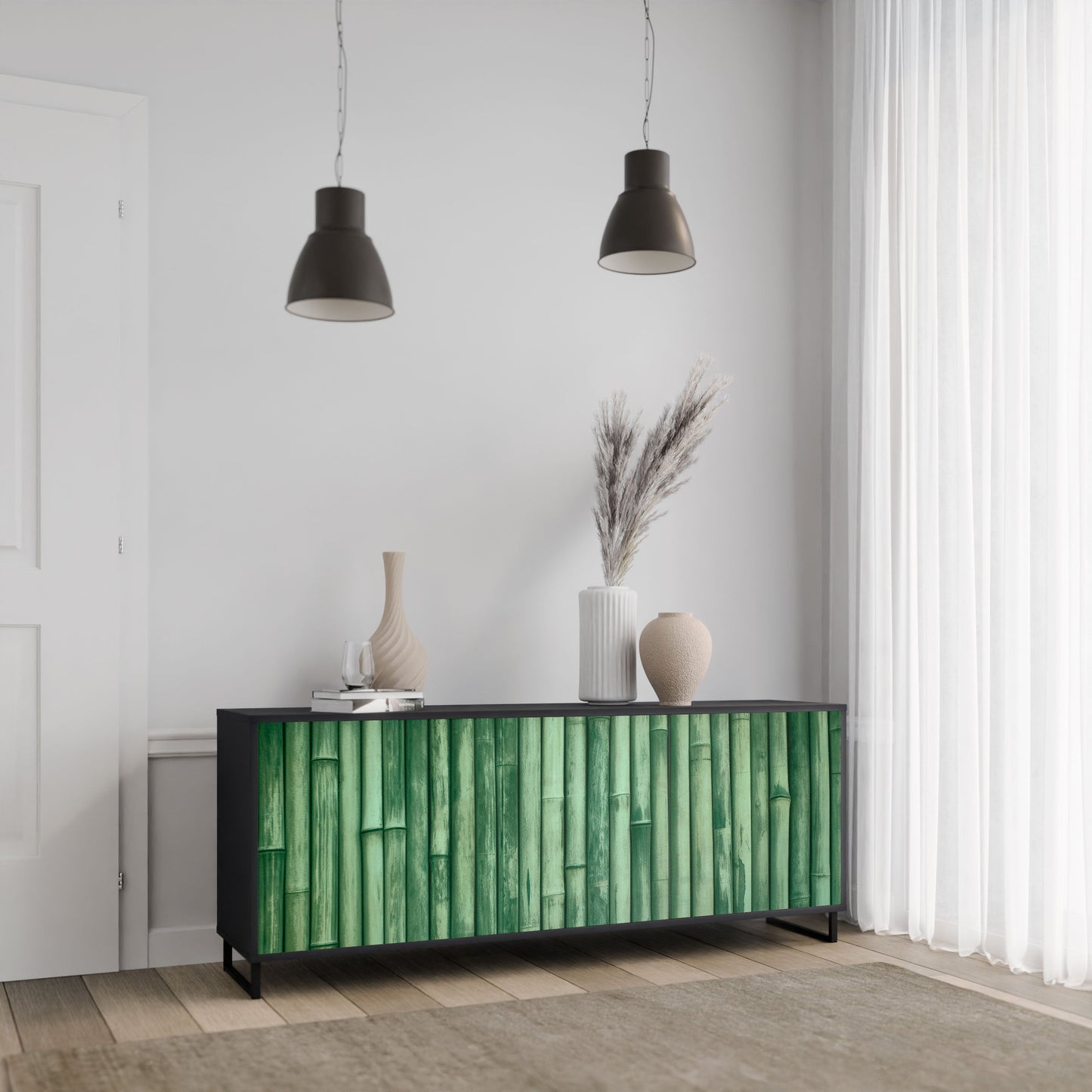 NATURAL GREEN 3-Door Sideboard in Black Finish