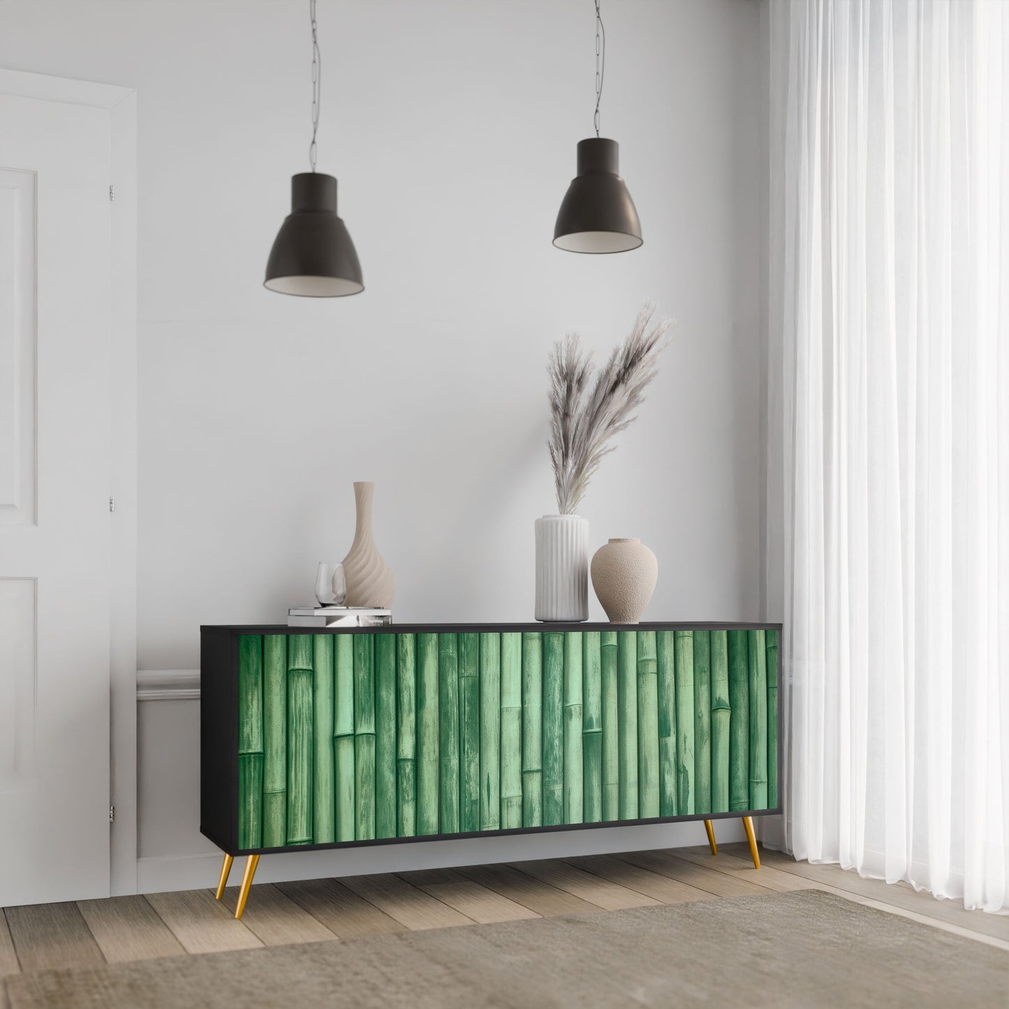 NATURAL GREEN 3-Door Sideboard in Black Finish