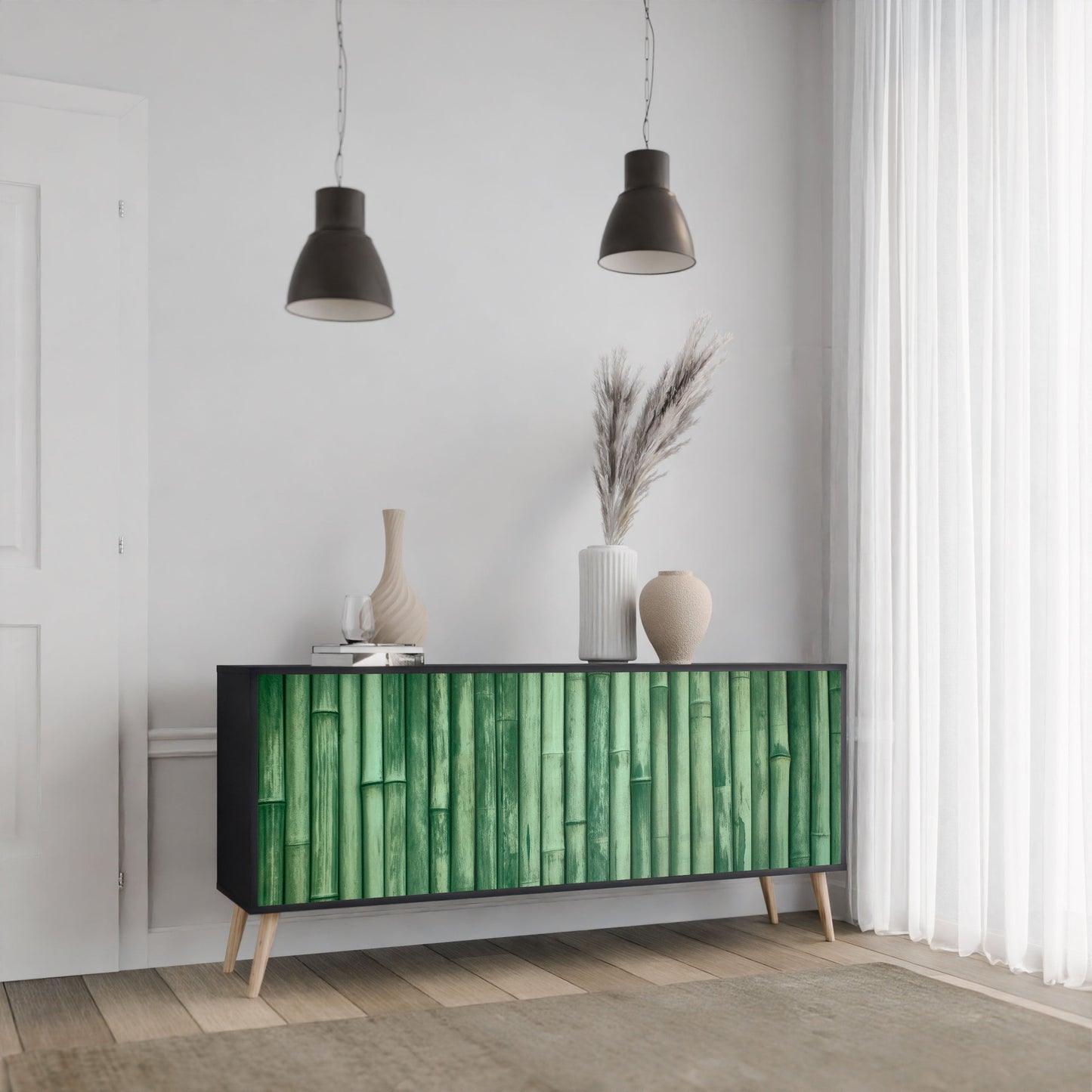 NATURAL GREEN 3-Door Sideboard in Black Finish