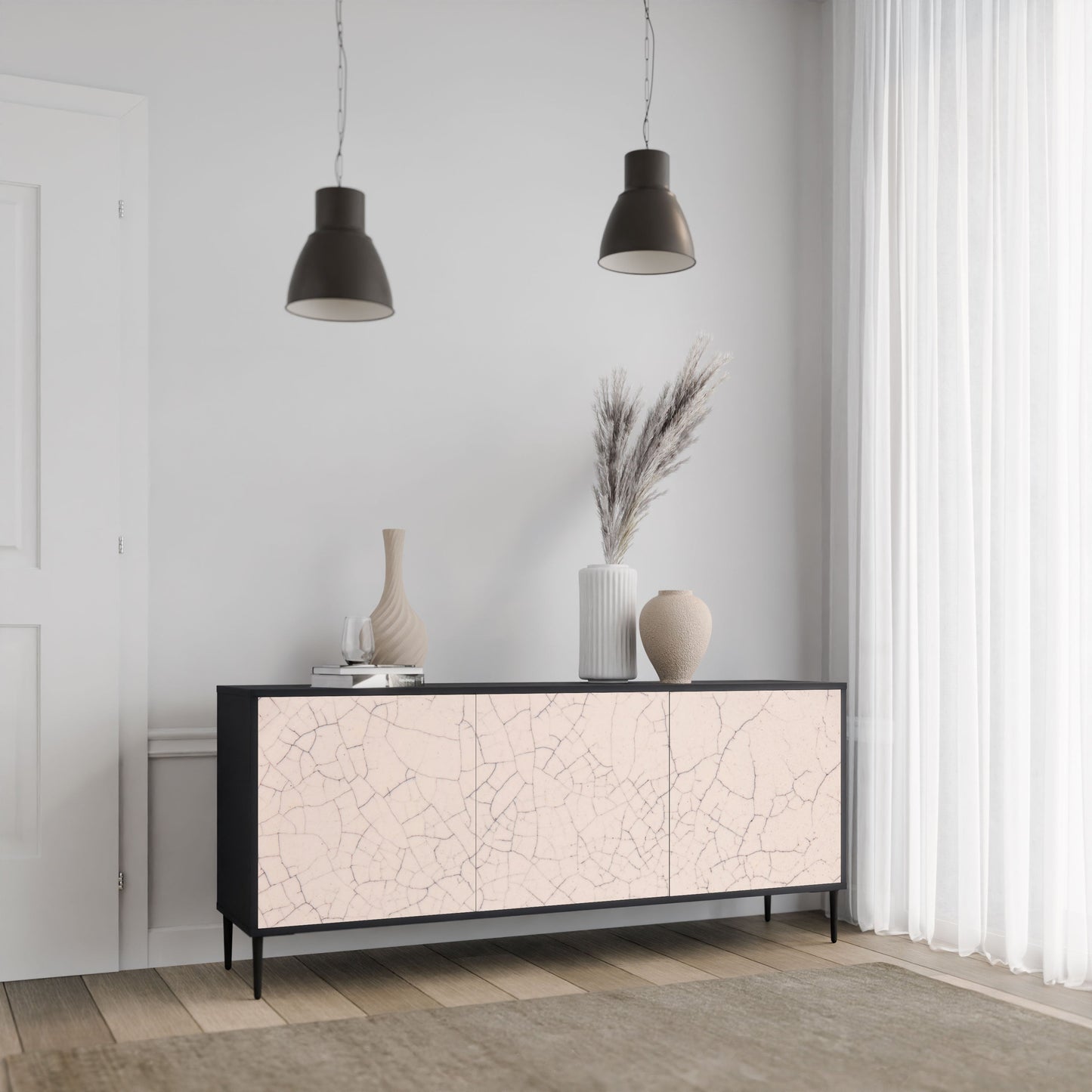 CERAMIC TEXTURE 3-Door Sideboard in Black Finish