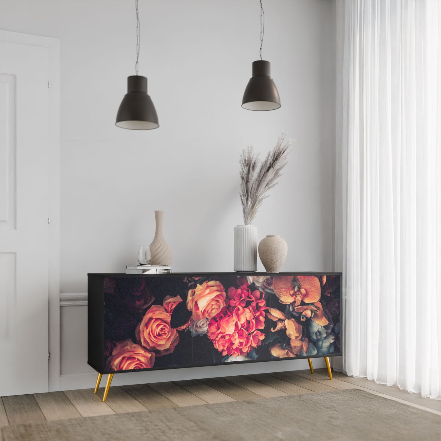 NEVERENDING BLOOM 3-Door Sideboard in Black Finish