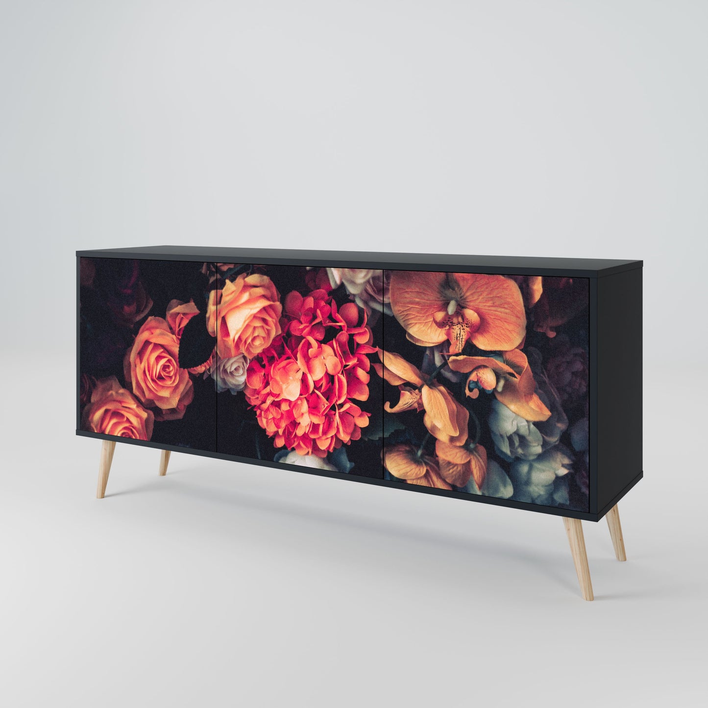 NEVERENDING BLOOM 3-Door Sideboard in Black Finish