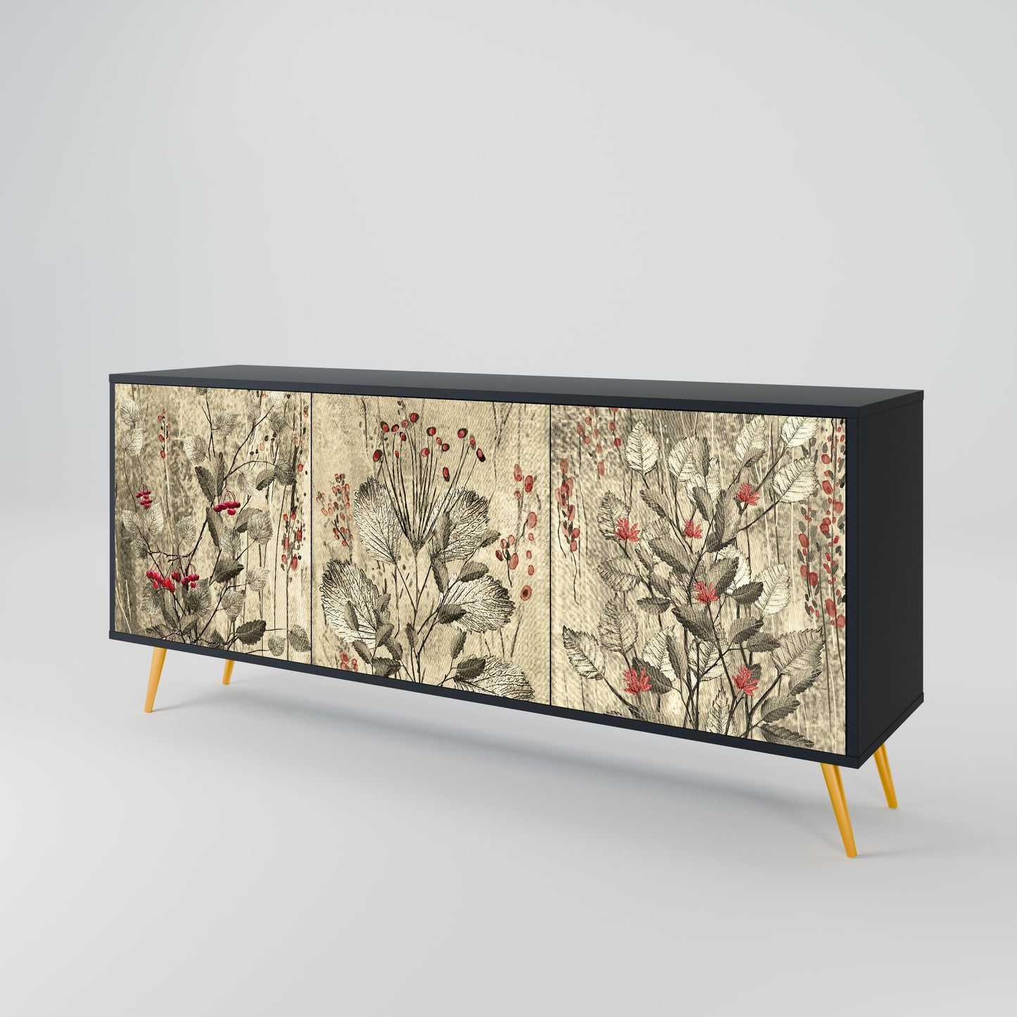 HERBAL GRACE 3-Door Sideboard in Black Finish