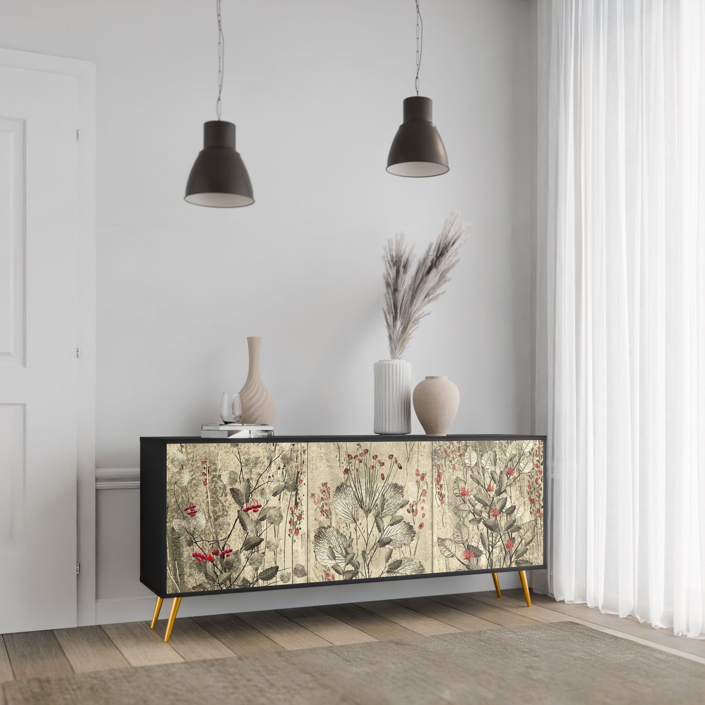 HERBAL GRACE 3-Door Sideboard in Black Finish