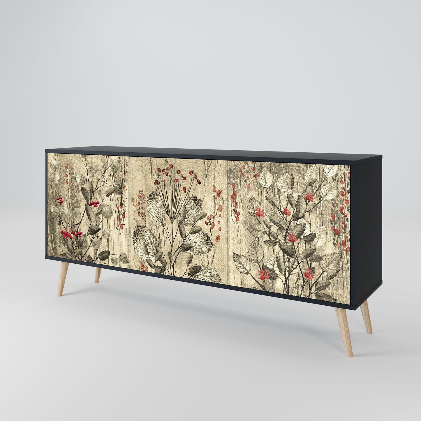 HERBAL GRACE 3-Door Sideboard in Black Finish