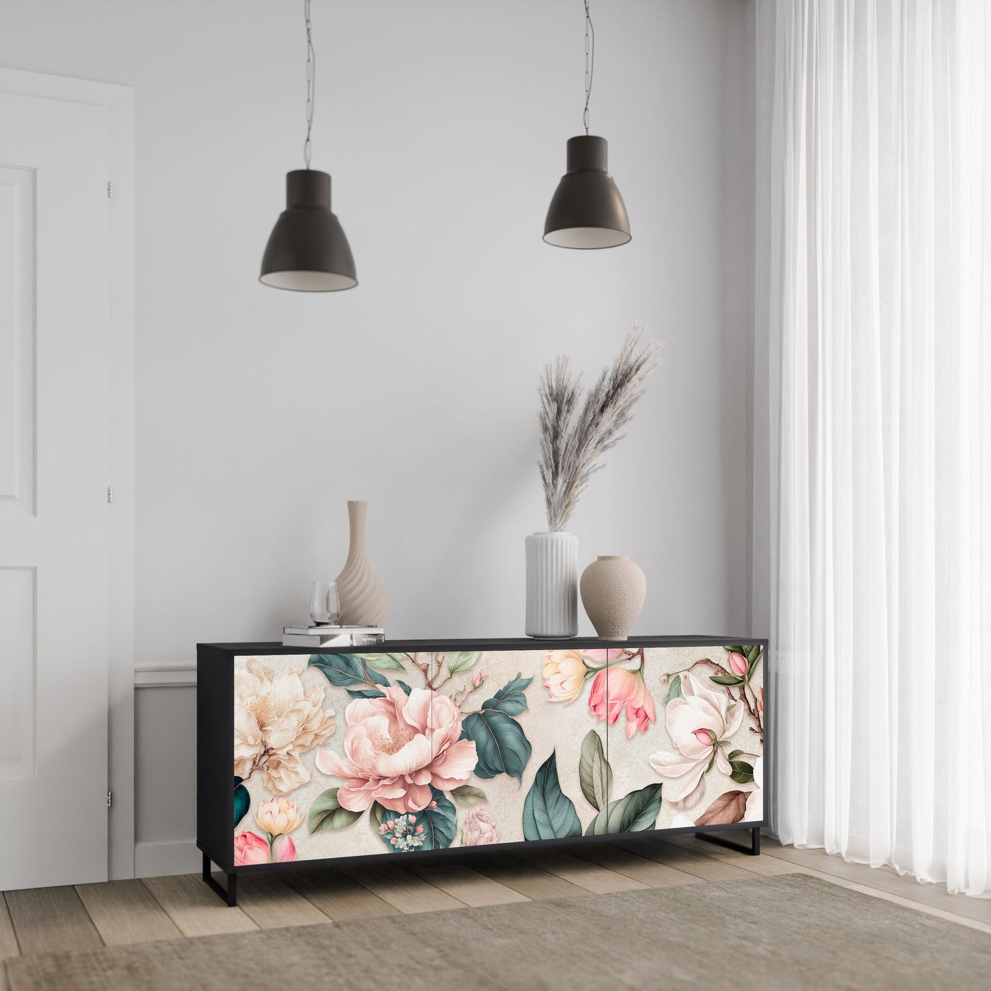 Credenza FLORAL GRACE a 3 ante in finitura nera