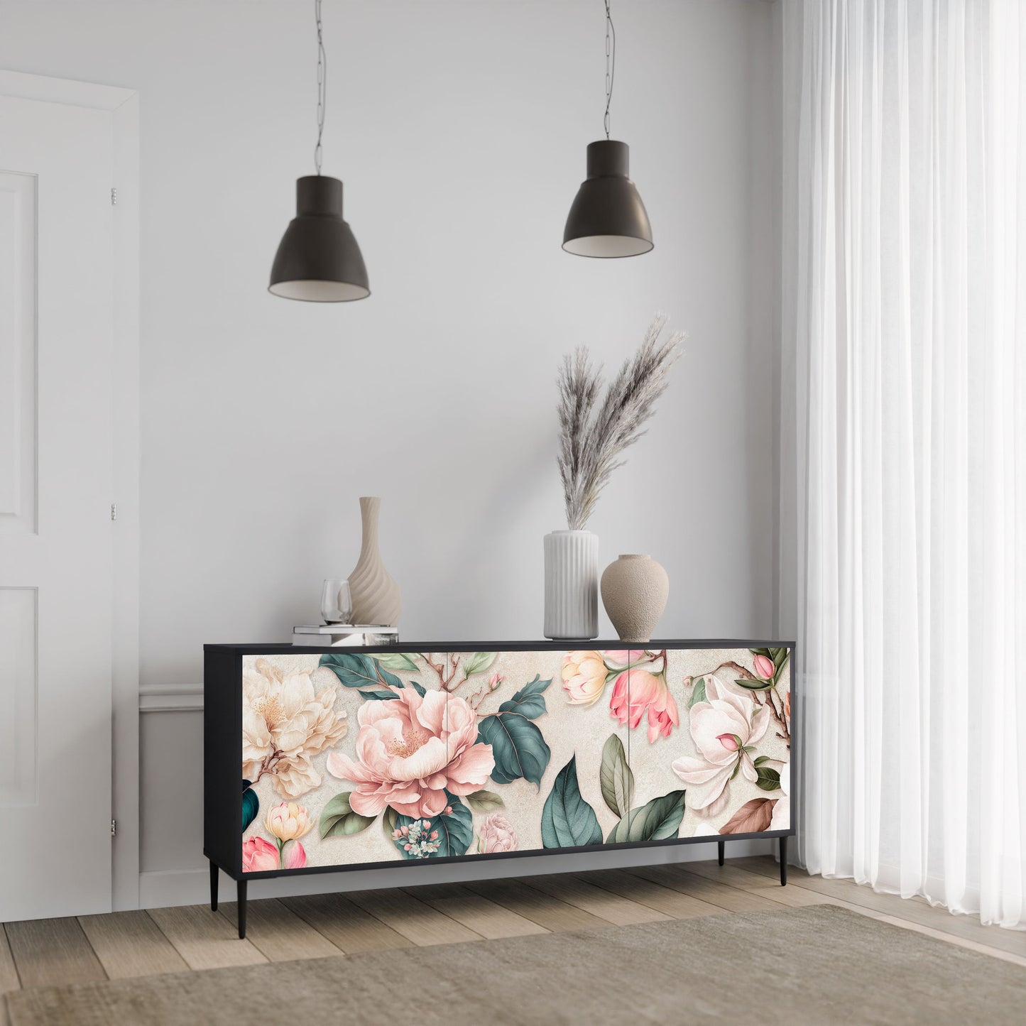 Credenza FLORAL GRACE a 3 ante in finitura nera