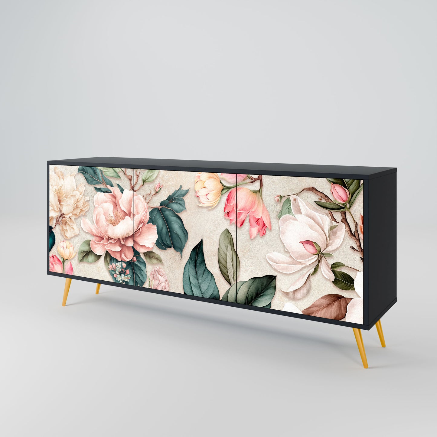 Credenza FLORAL GRACE a 3 ante in finitura nera