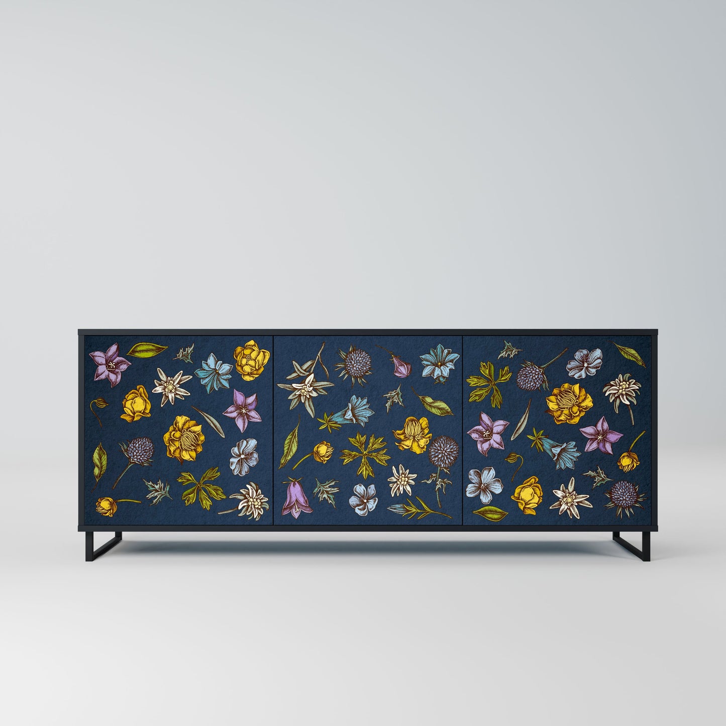 Buffet 3 portes FLEURS SUR BLEU MARINE en finition noire