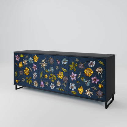 Buffet 3 portes FLEURS SUR BLEU MARINE en finition noire