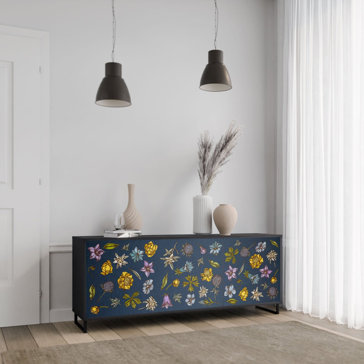 Buffet 3 portes FLEURS SUR BLEU MARINE en finition noire