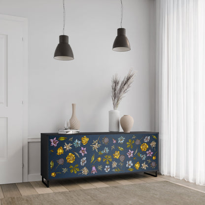 Buffet 3 portes FLEURS SUR BLEU MARINE en finition noire