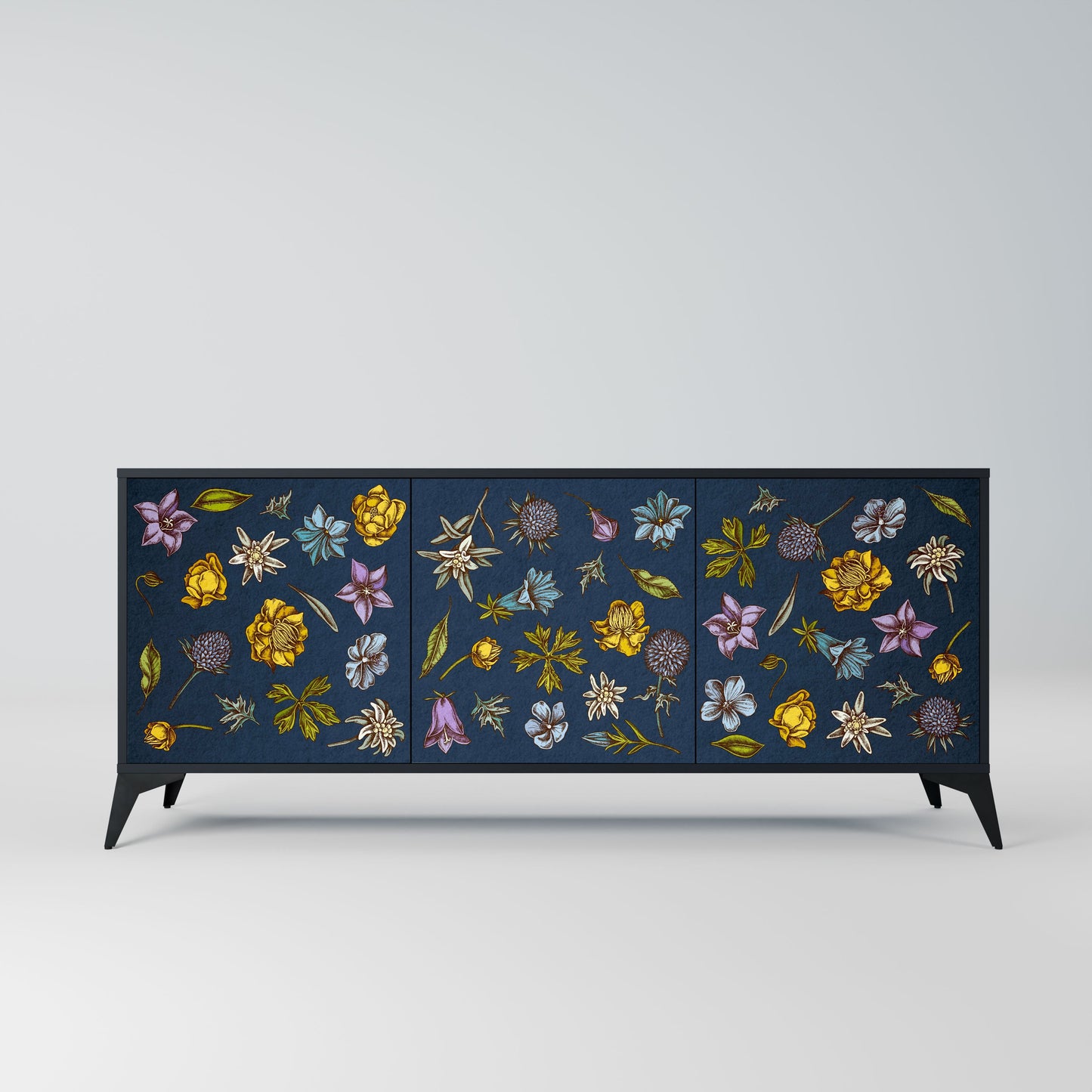 Buffet 3 portes FLEURS SUR BLEU MARINE en finition noire