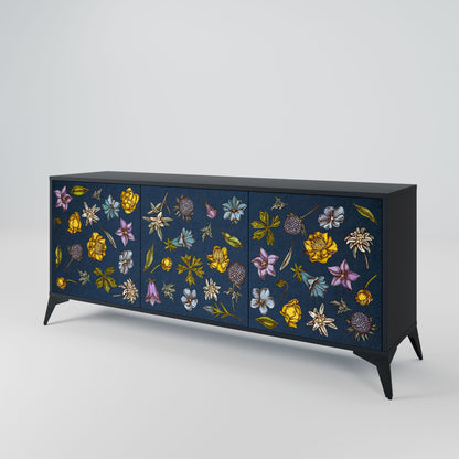 Buffet 3 portes FLEURS SUR BLEU MARINE en finition noire