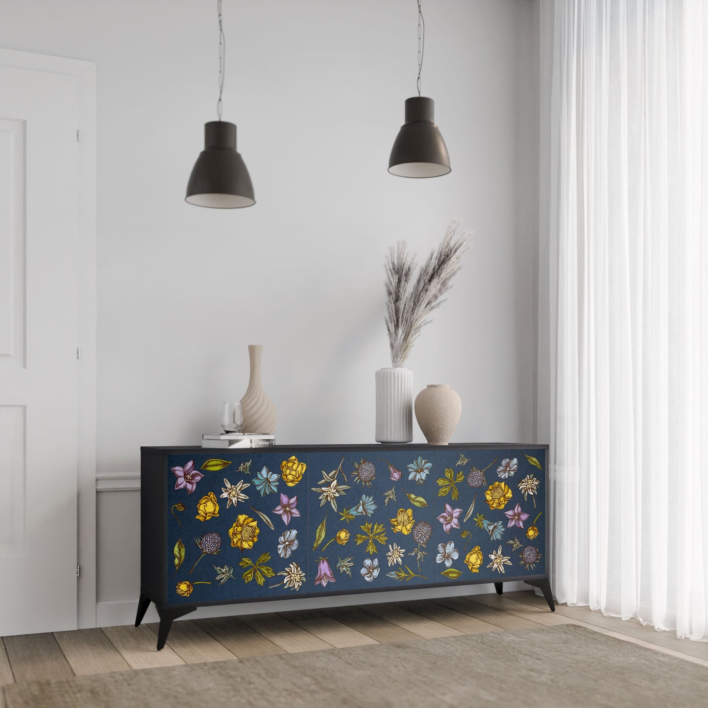 Buffet 3 portes FLEURS SUR BLEU MARINE en finition noire