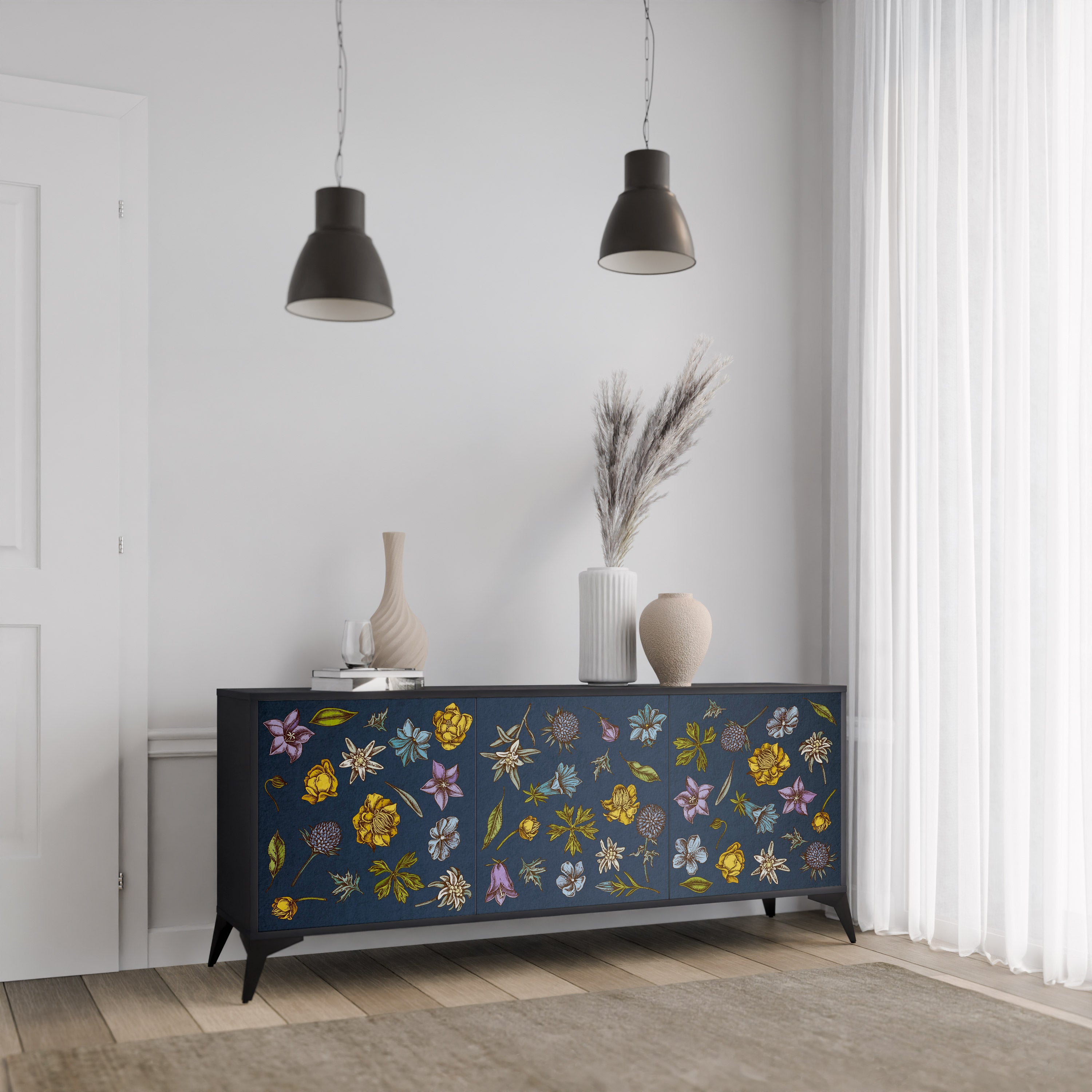 FLOWERS ON NAVY BLUE 3-Door Sideboard