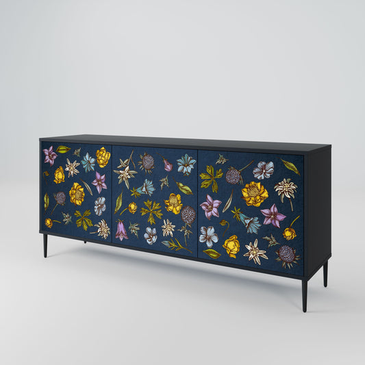 Buffet 3 portes FLEURS SUR BLEU MARINE en finition noire