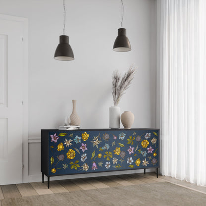 Buffet 3 portes FLEURS SUR BLEU MARINE en finition noire