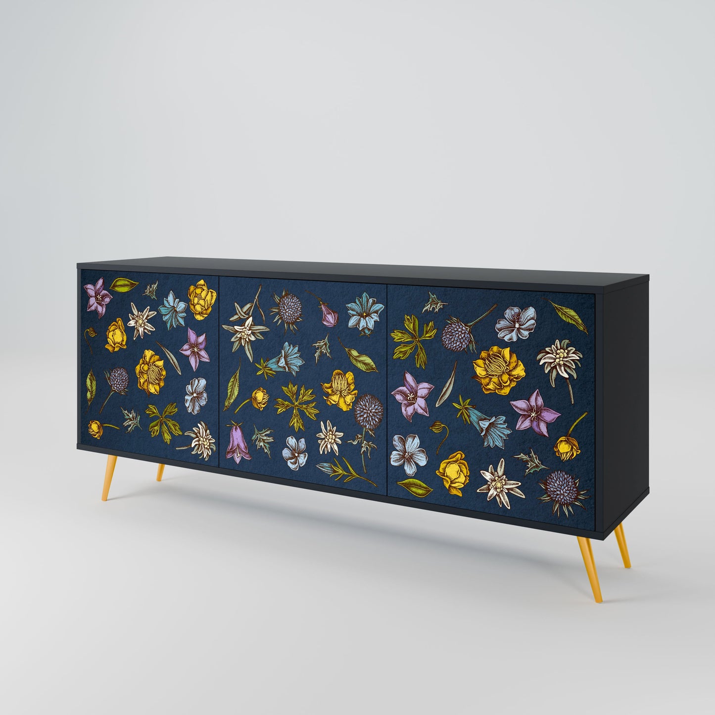 Buffet 3 portes FLEURS SUR BLEU MARINE en finition noire