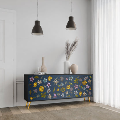 Buffet 3 portes FLEURS SUR BLEU MARINE en finition noire