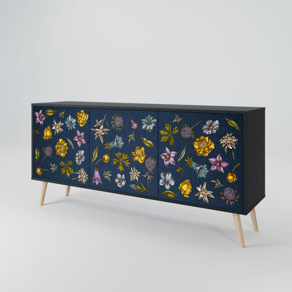 Buffet 3 portes FLEURS SUR BLEU MARINE en finition noire