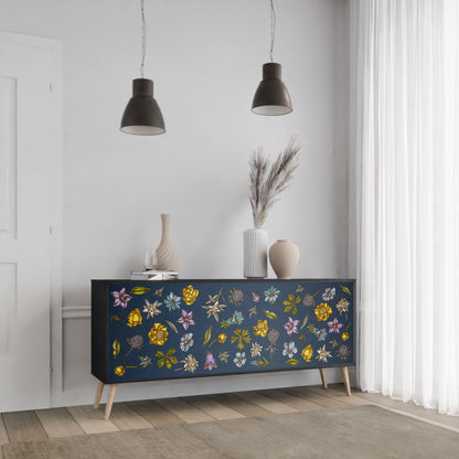 Buffet 3 portes FLEURS SUR BLEU MARINE en finition noire