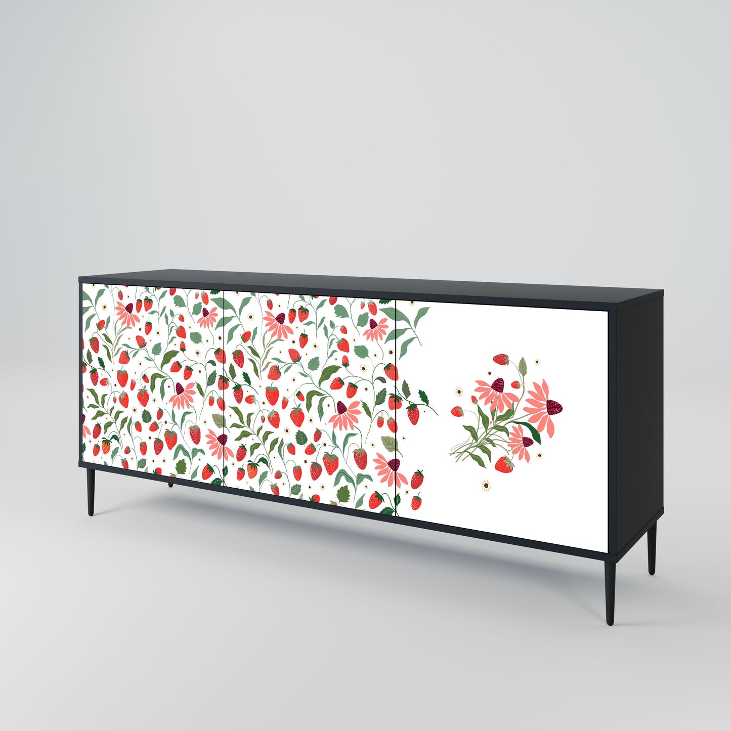 Buffet 3 portes FLEURS ET FRAISES en finition noire