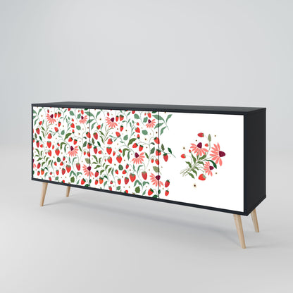 Buffet 3 portes FLEURS ET FRAISES en finition noire