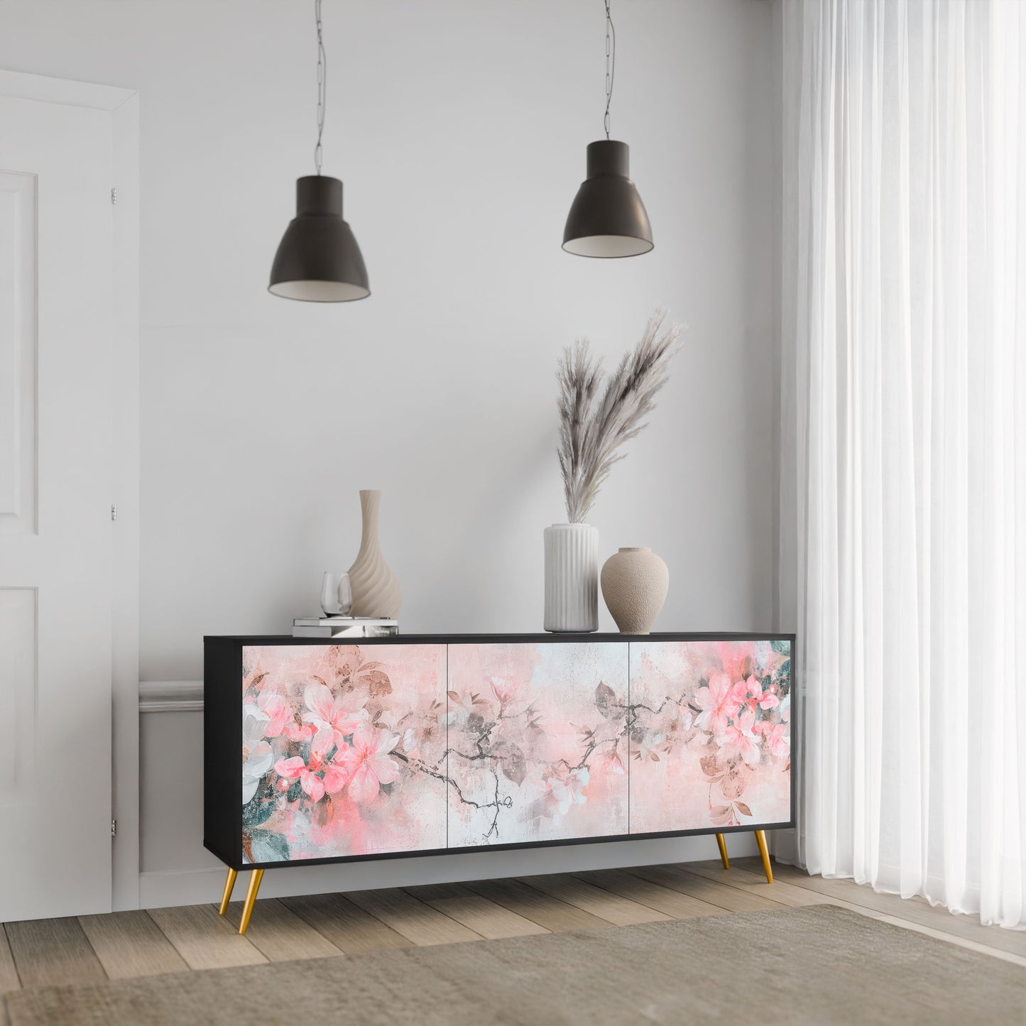 Credenza CHERRY BLOSSOM a 3 ante in finitura nera