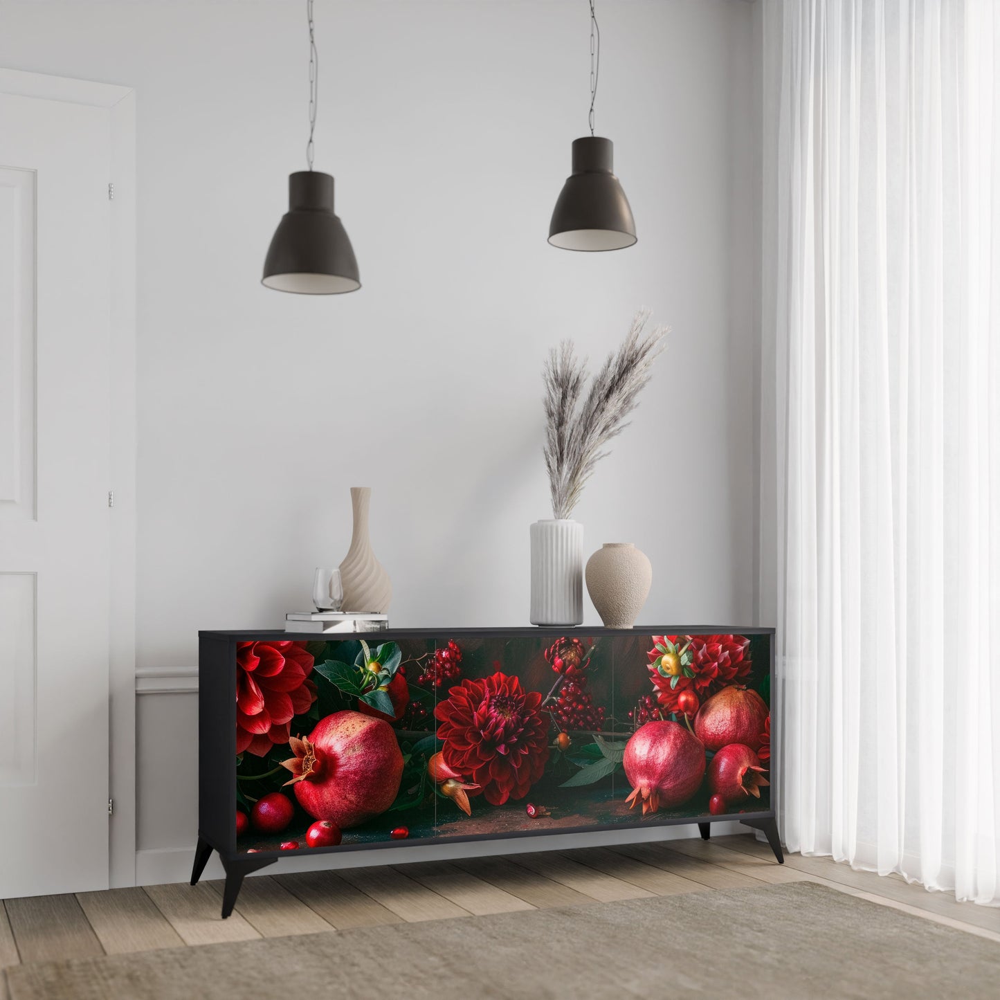 Credenza a 3 ante DAHLIAS AND POMEGRANATES in finitura nera