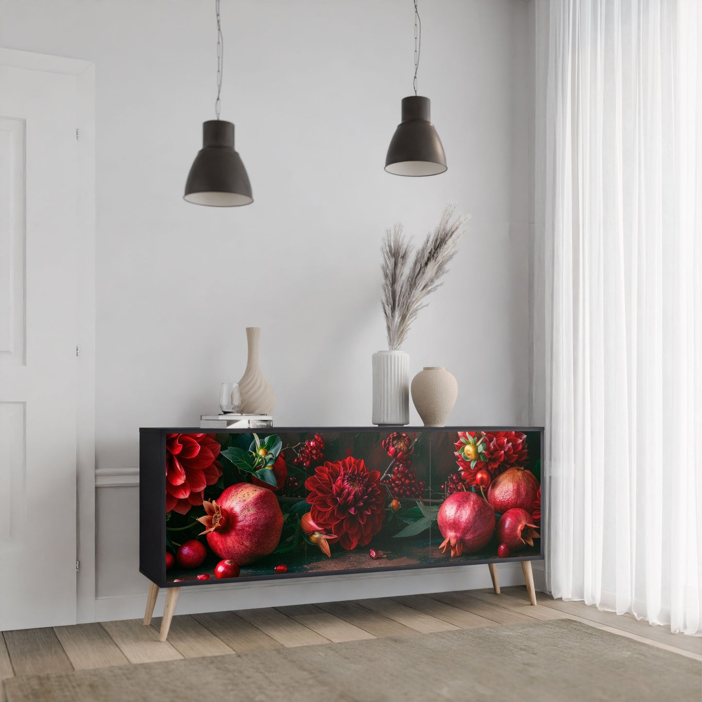 Credenza a 3 ante DAHLIAS AND POMEGRANATES in finitura nera