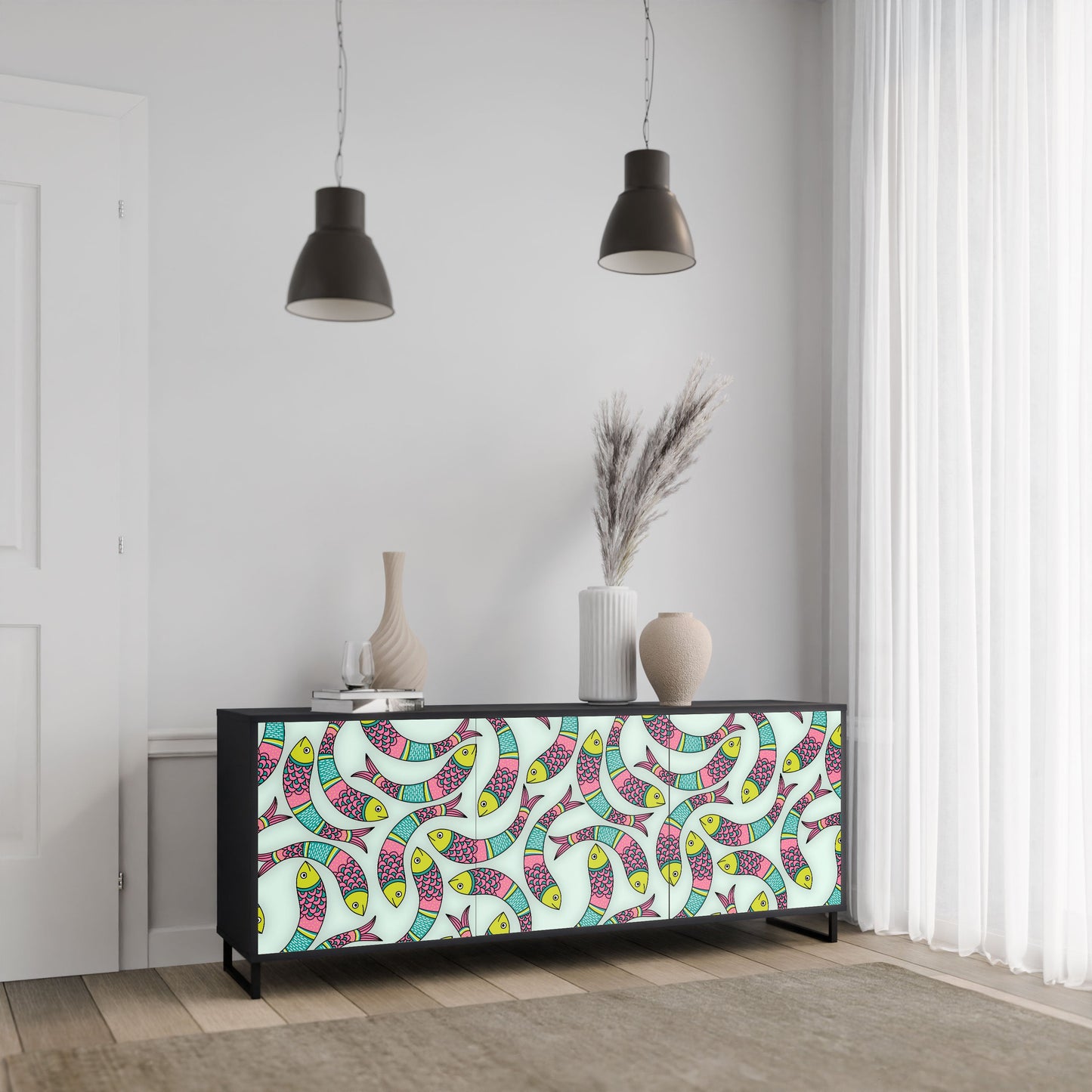 Credenza INDIAN FISH a 3 ante in finitura nera