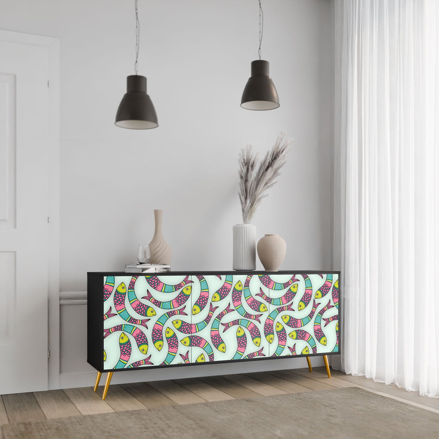 Credenza INDIAN FISH a 3 ante in finitura nera