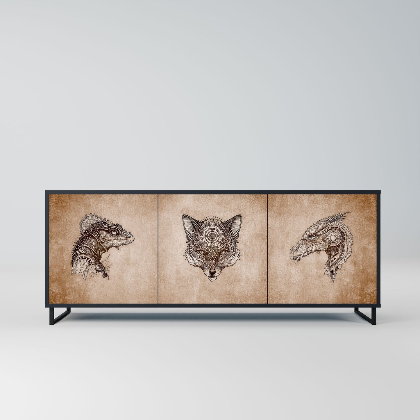 Credenza a 3 ante STEAMPUNK CLAN in finitura nera