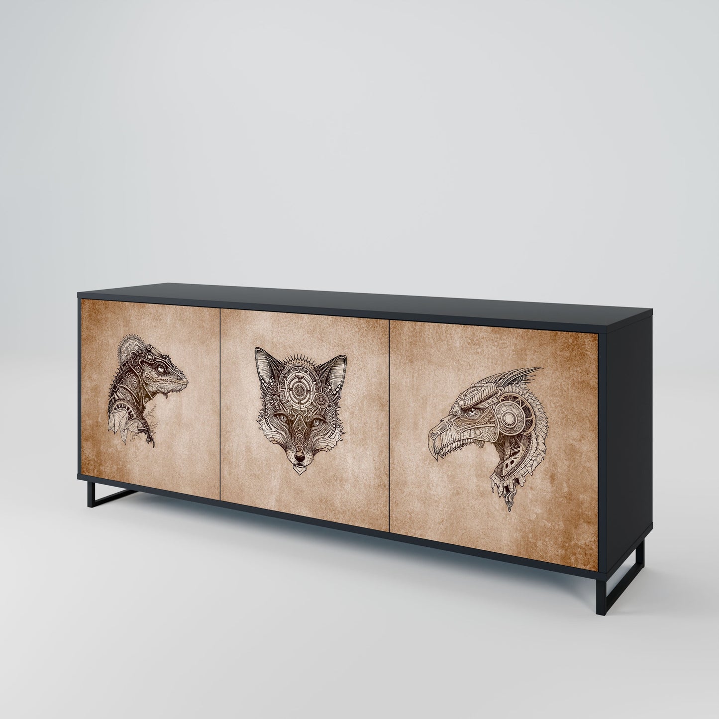 Credenza a 3 ante STEAMPUNK CLAN in finitura nera