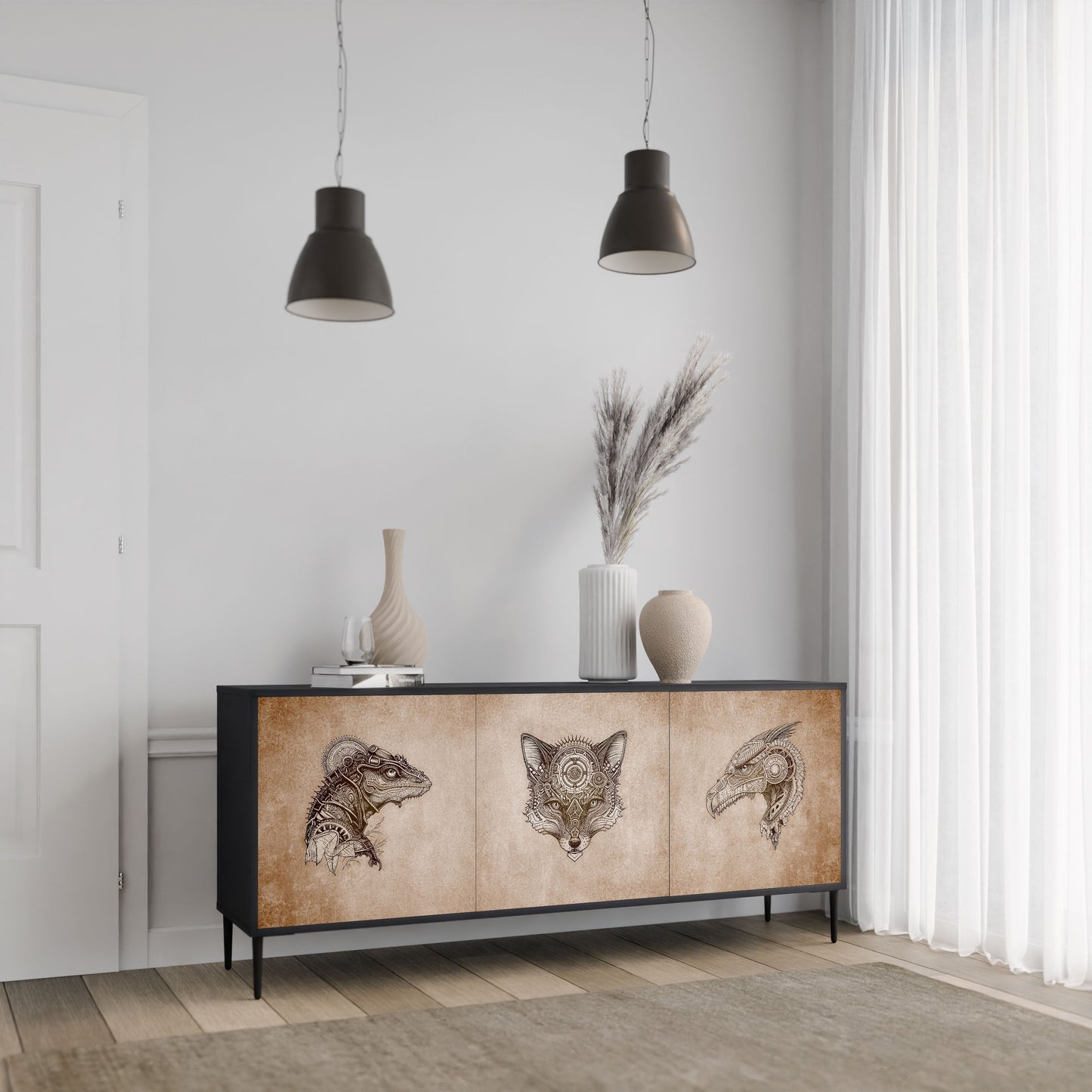 Credenza a 3 ante STEAMPUNK CLAN in finitura nera