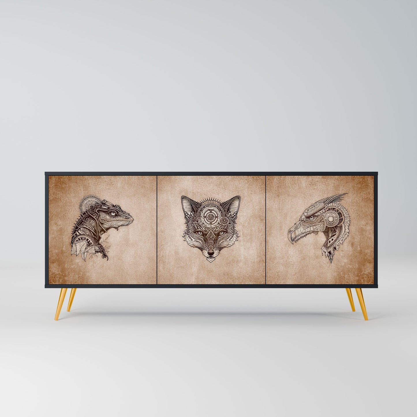 Credenza a 3 ante STEAMPUNK CLAN in finitura nera