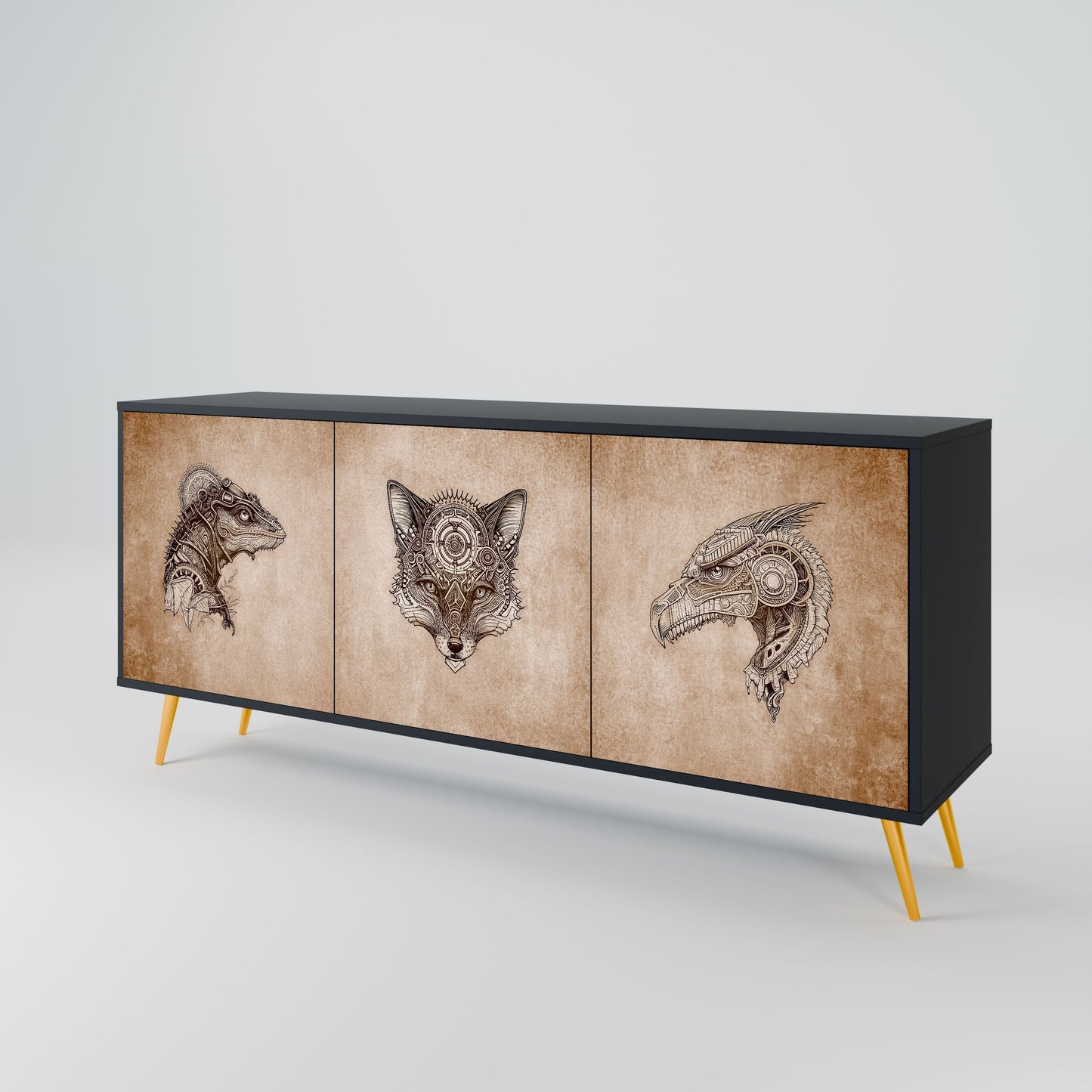 Credenza a 3 ante STEAMPUNK CLAN in finitura nera