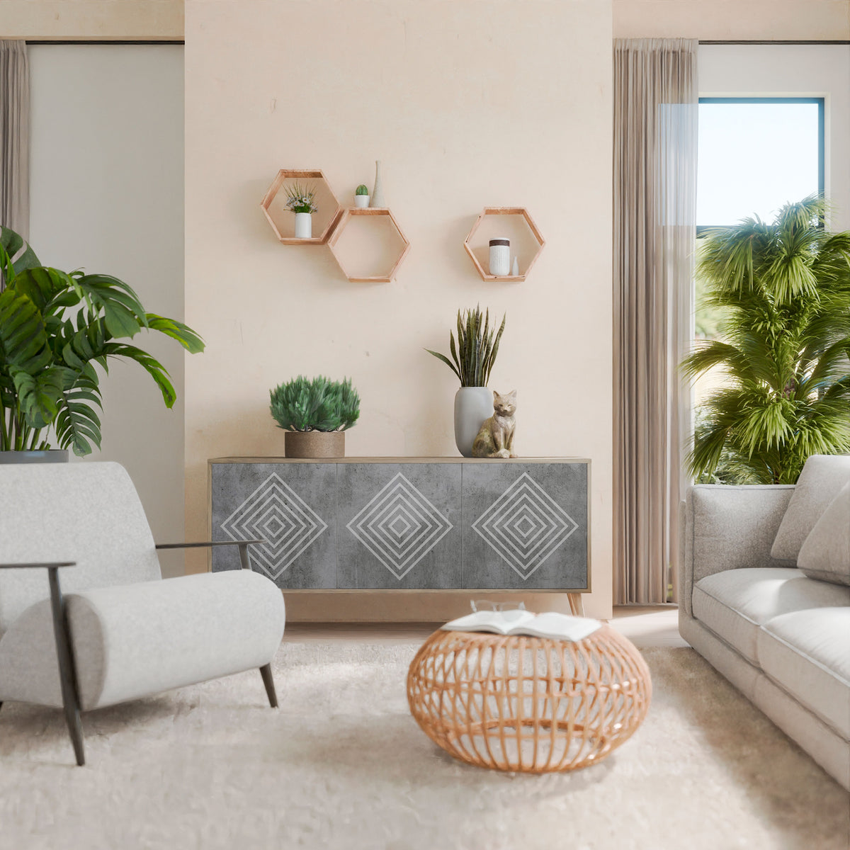 POLYGONAL ARTISTRY Skänk med tre dörrar