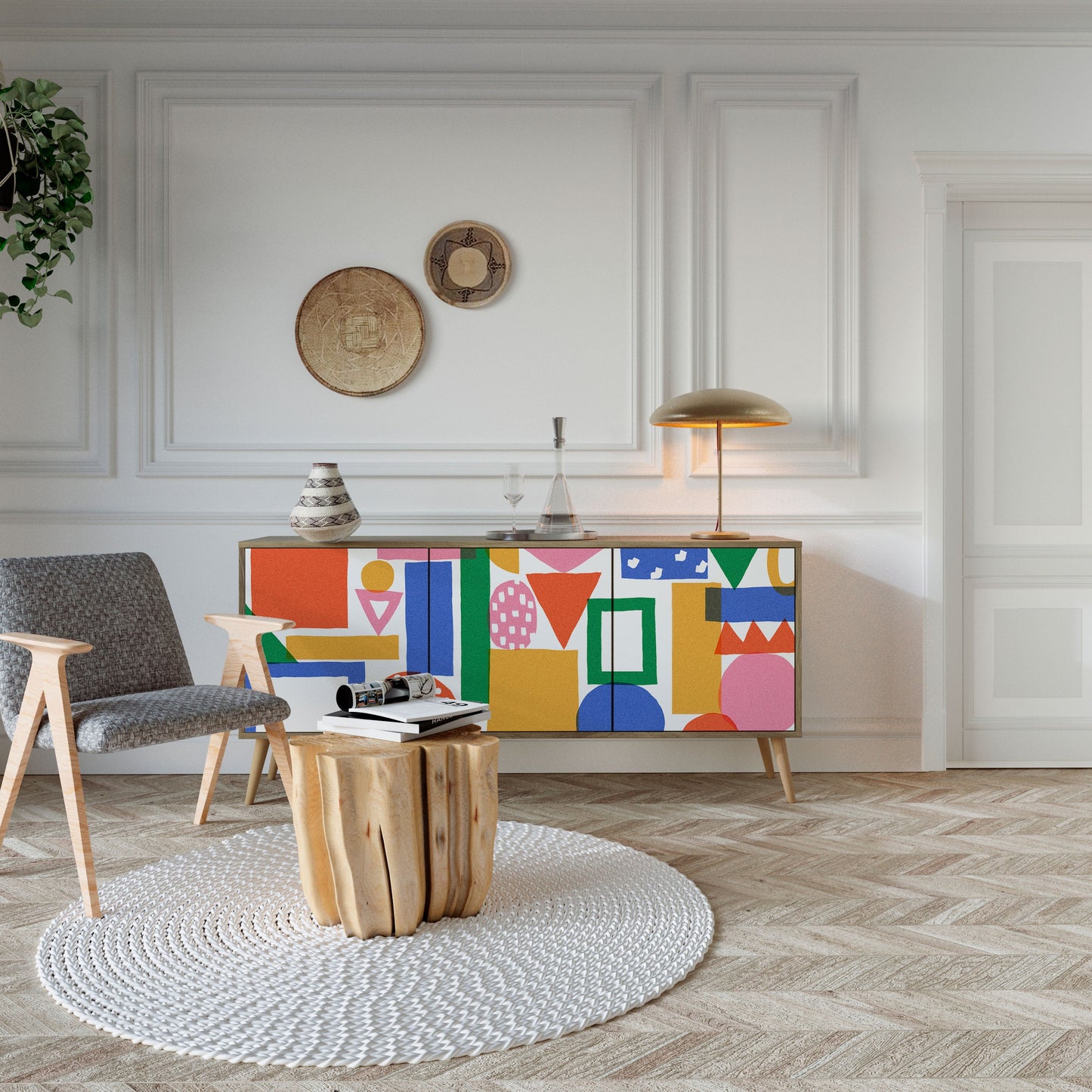 Credenza GEOMETRIC GLIMMER a 3 ante in effetto rovere