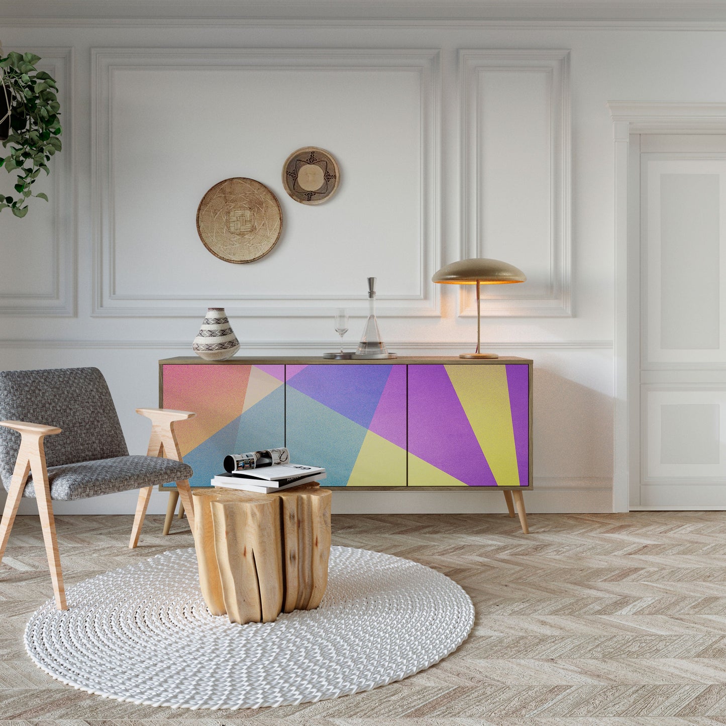 Credenza BRIGHT GEOMETRY a 3 ante in effetto rovere