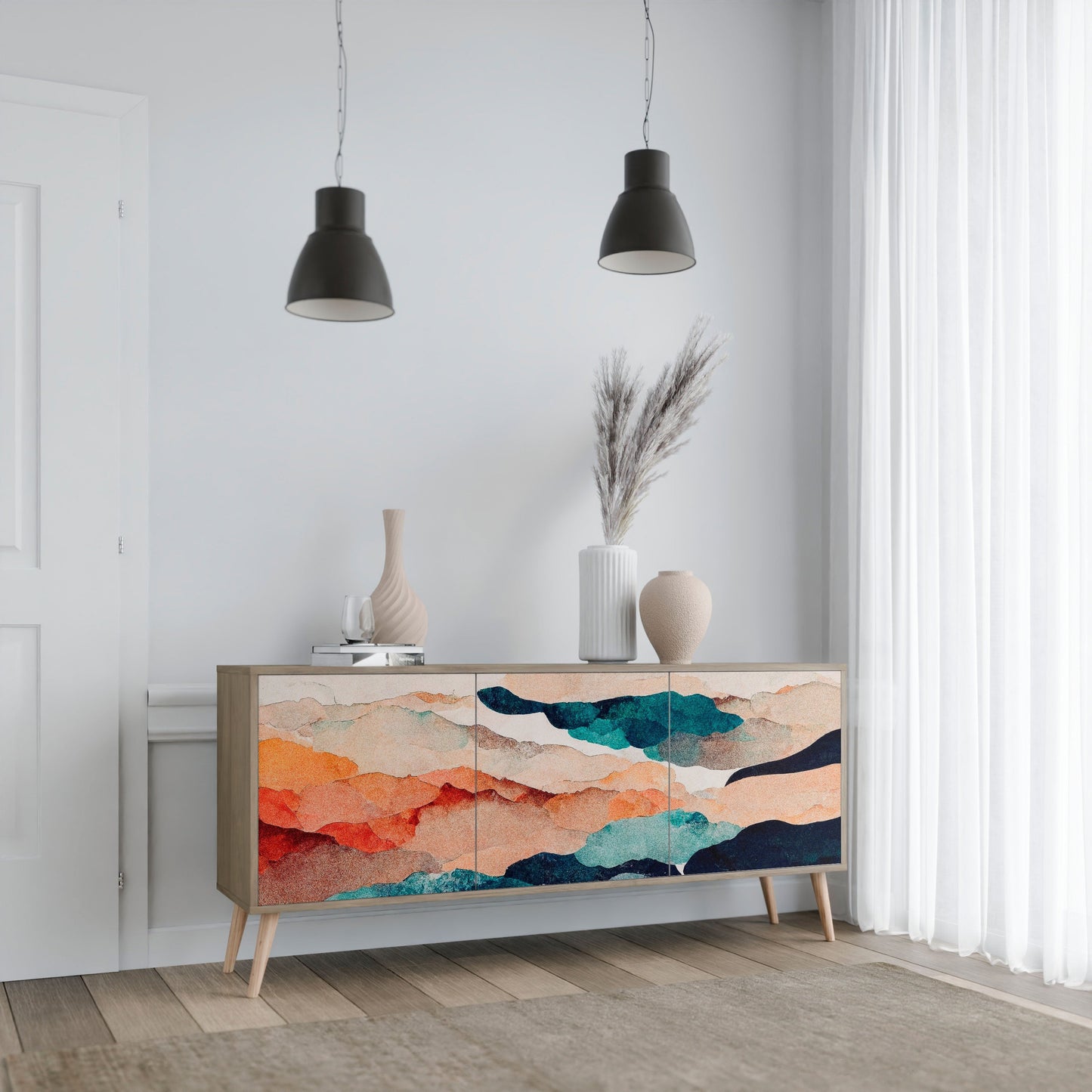 Credenza a 3 ante ABSTRACT LANDSCAPE in effetto rovere