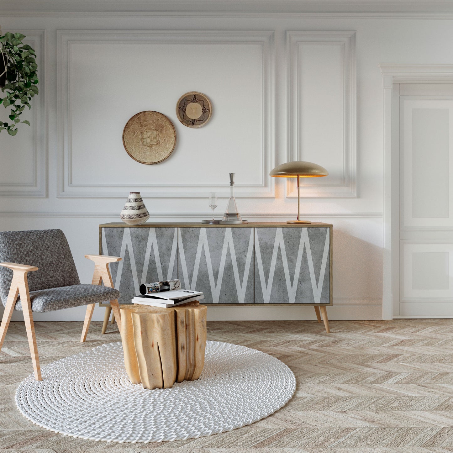 SOLID ZIG ZAG 3-Door Sideboard in Oak Effect