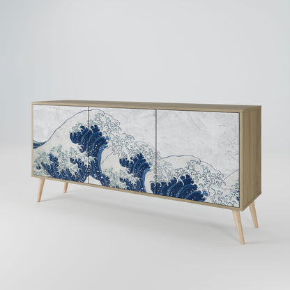 Credenza a 3 ante THE GREAT WAVE AT KANAGAWA in effetto rovere