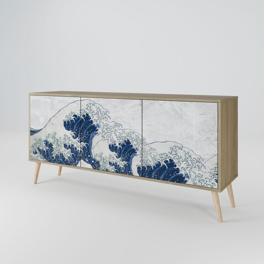 Credenza a 3 ante THE GREAT WAVE AT KANAGAWA in effetto rovere