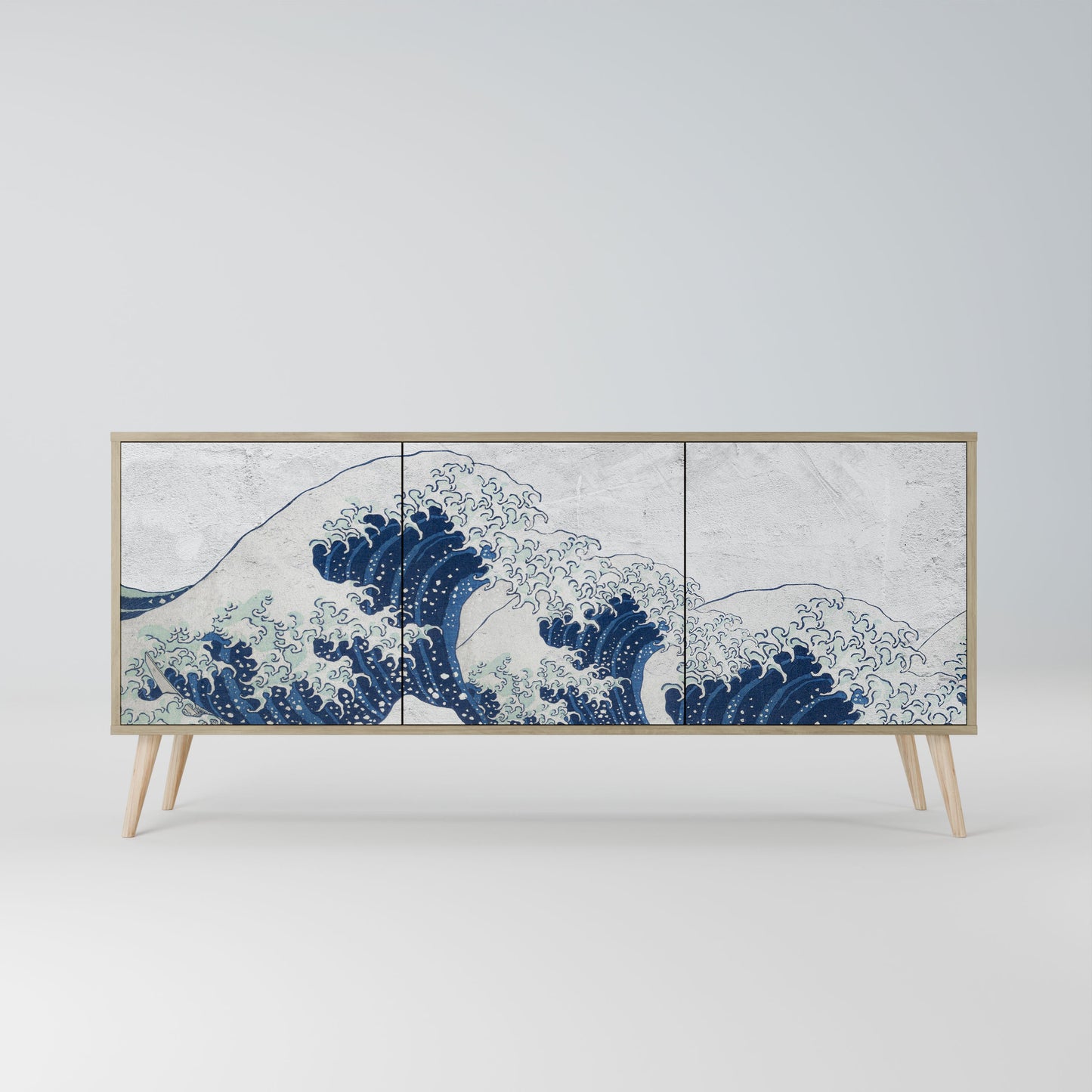 Credenza a 3 ante THE GREAT WAVE AT KANAGAWA in effetto rovere