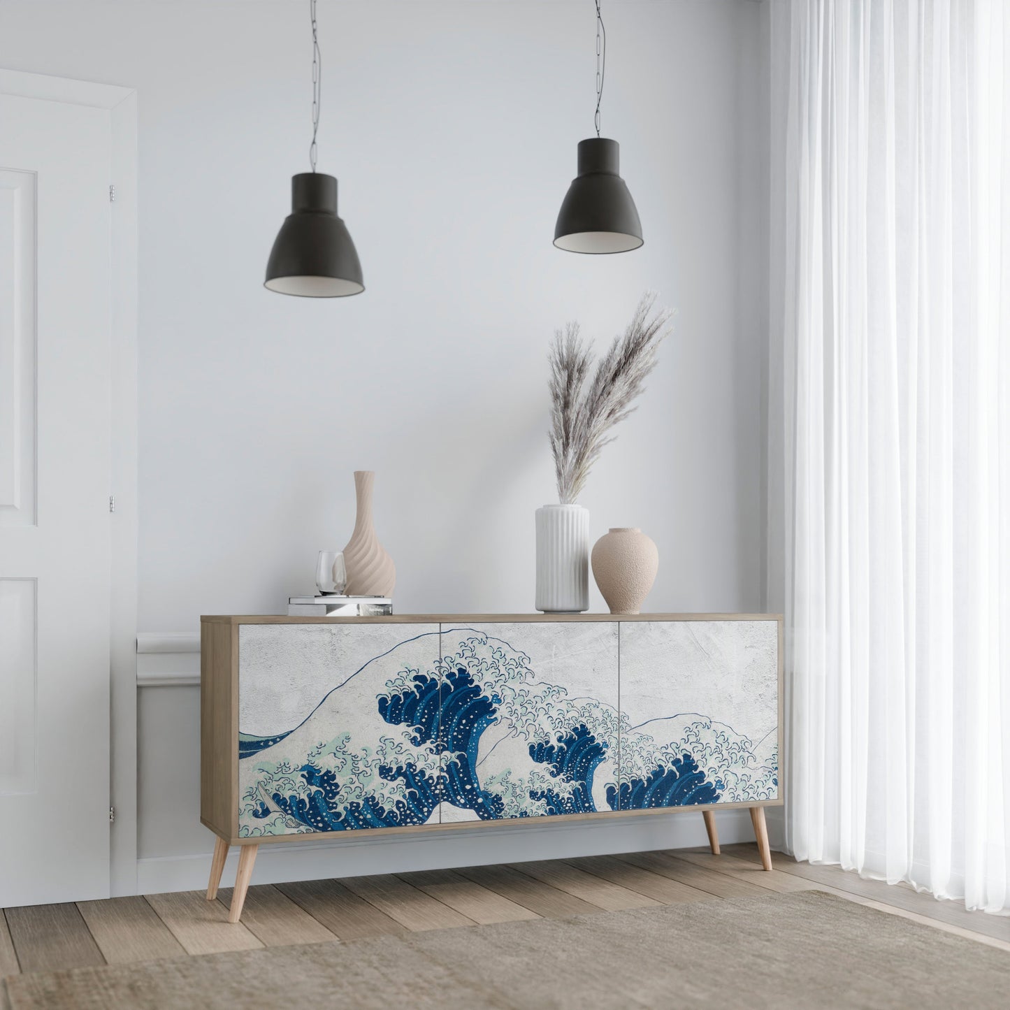 Credenza a 3 ante THE GREAT WAVE AT KANAGAWA in effetto rovere