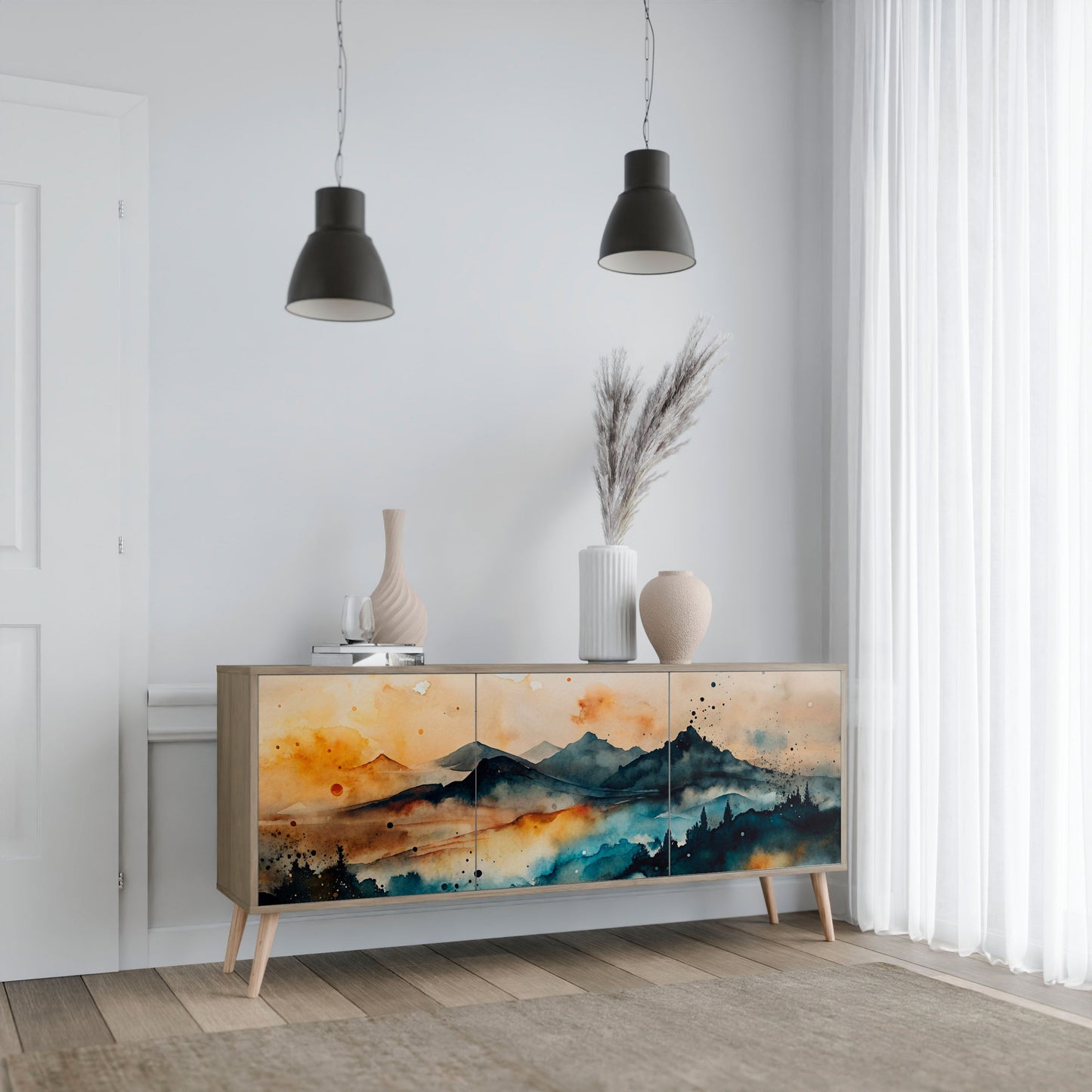 Credenza a 3 ante OMINOUS MOUNTAINS in effetto rovere