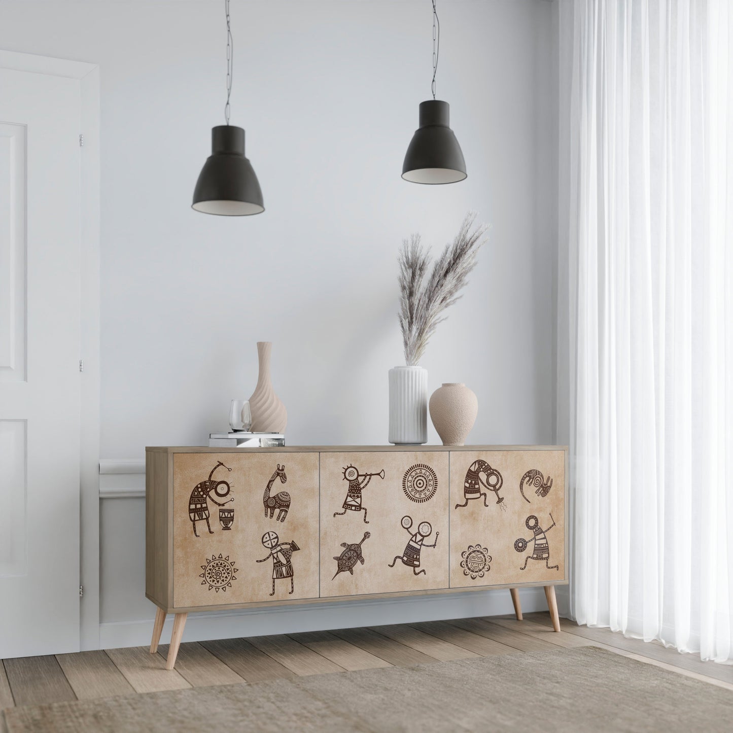 Credenza a 3 ante in stile africano effetto rovere