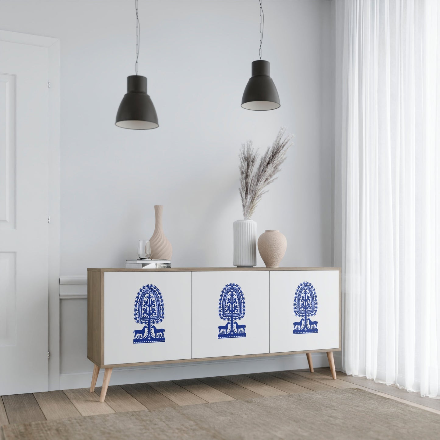 Credenza a 3 ante in stile FOLK ART POLACCO, effetto rovere